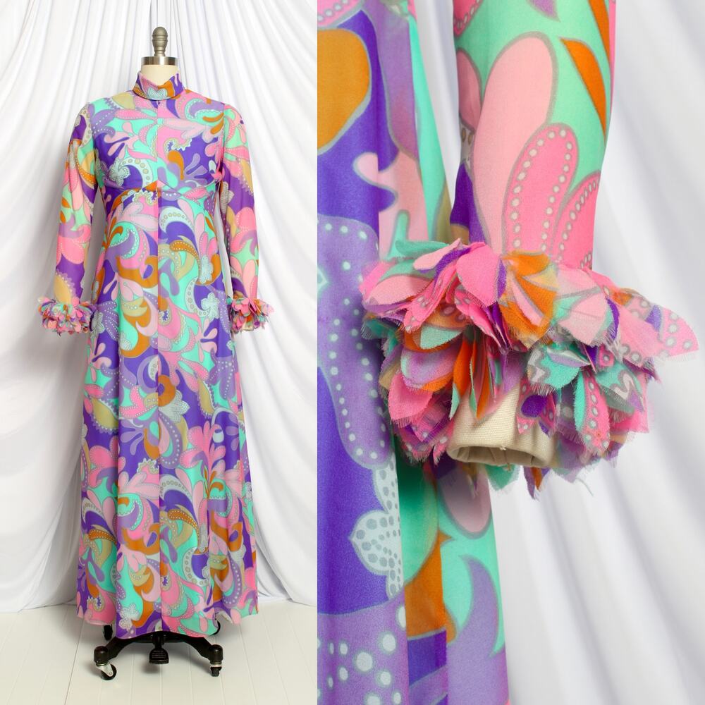 Vintage 1970s Party Dress 70s Psychedelic Geometric Chiffon Gown w/ Fluffy Cuffs